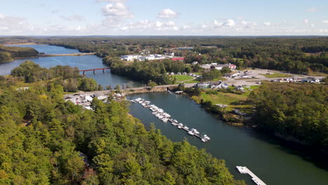 Aerial-drone-footage-of-a-Marina-on-the-New-Meadows-river-in-the-summer