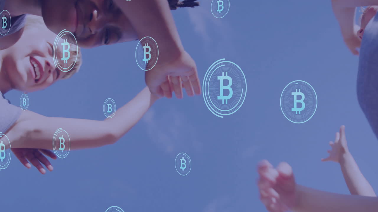 Reaching towards sky, people surrounded by floating Bitcoin symbols in animation