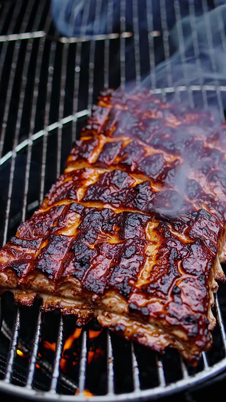 Juicy grilled ribs on a barbecue grill with smoke rising. Barbecue ribs with a smoky flavor