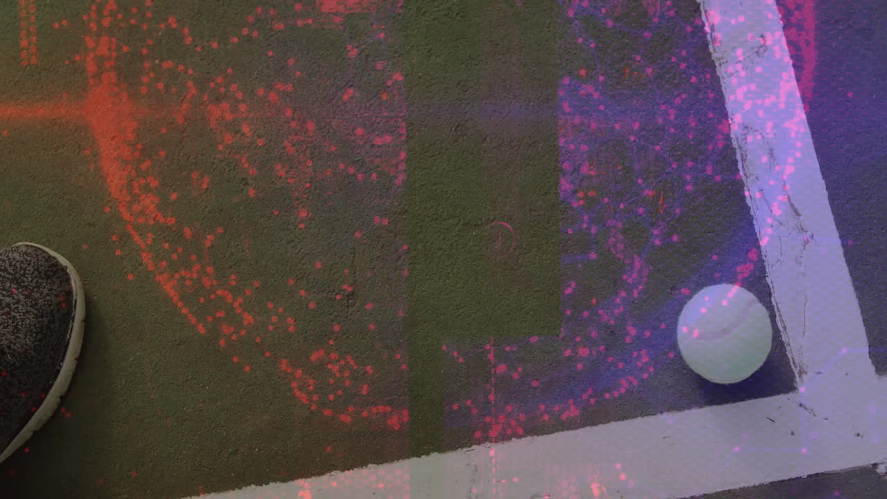Tennis court showing corner meeting at right angle, glitch pattern highlighting ball and shoe
