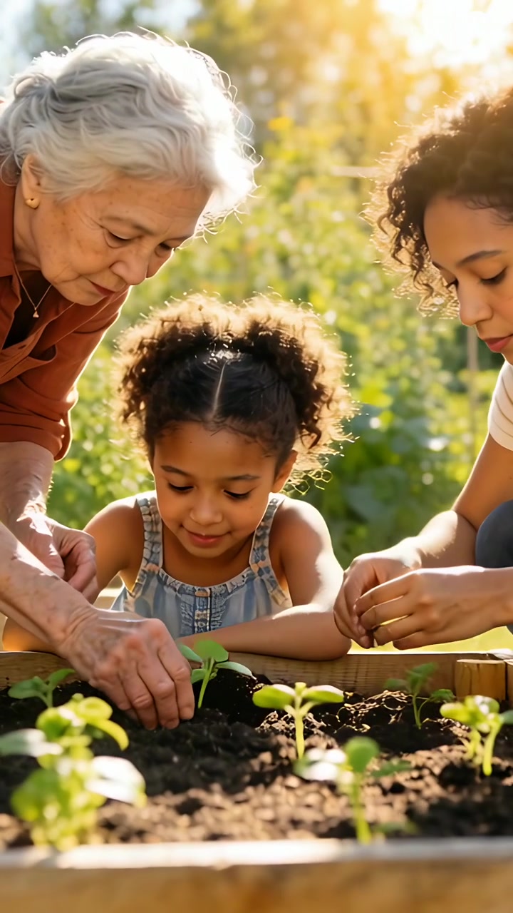 Vertical video: Moving seedling, family planting in raised planter with soil, child in overalls