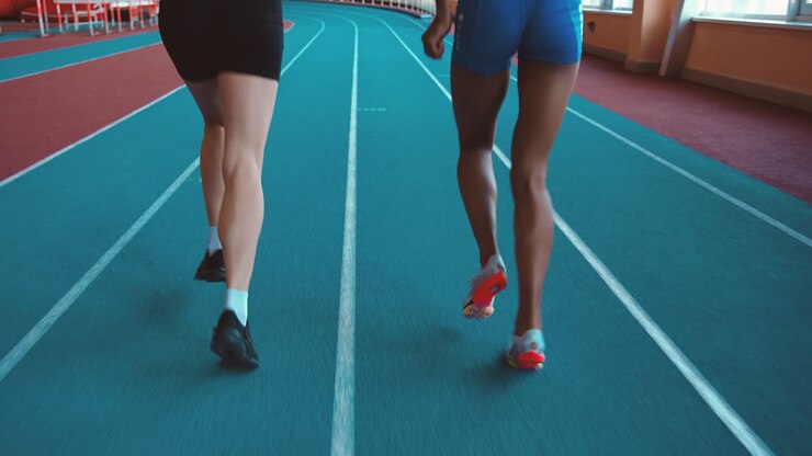 Due atlete multietniche di spalle che corrono insieme su una pista indoor 1