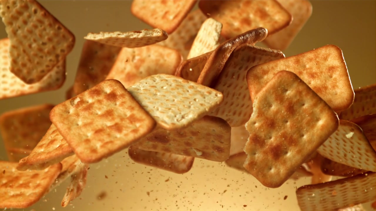 Deliziosi cracker che cadono al rallentatore su sfondo dorato