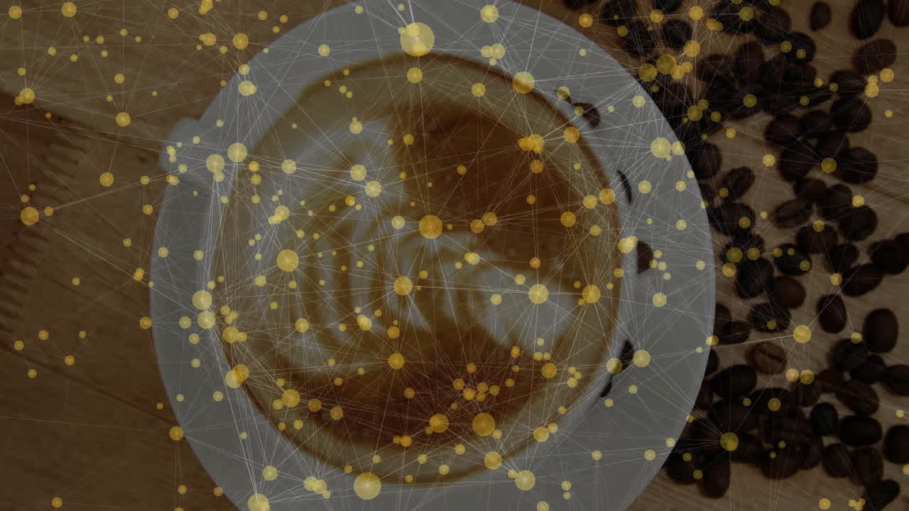 White ceramic coffee cup floating on wooden table, network overlay mapping beans in flat design