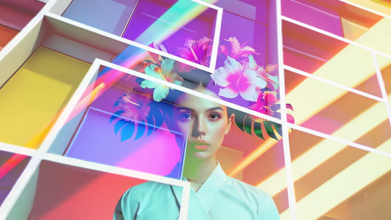 Vibrant Abstract Portrait of Woman with Floral Headpiece and Geometric Grid