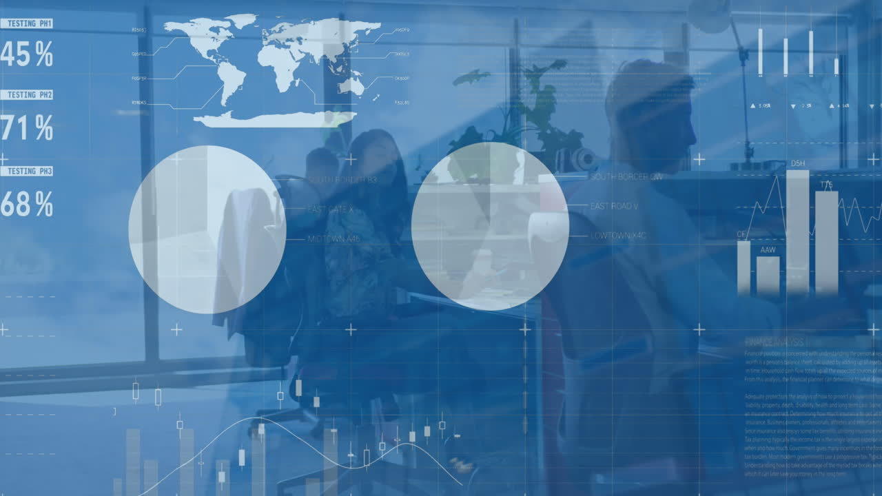 사무실에서 일하는 다양한 비즈니스 사람들에 대한 금융 데이터 처리의 애니메이션