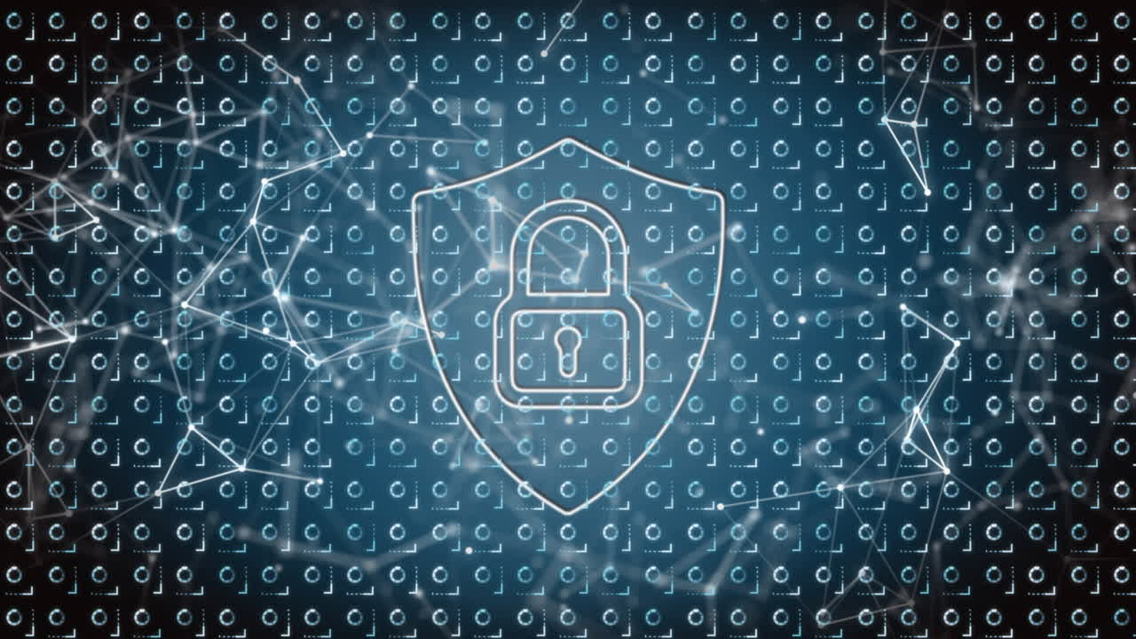 Animation of online security padlock and network of connections over dark background