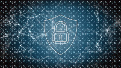 Animation of online security padlock and network of connections over dark background