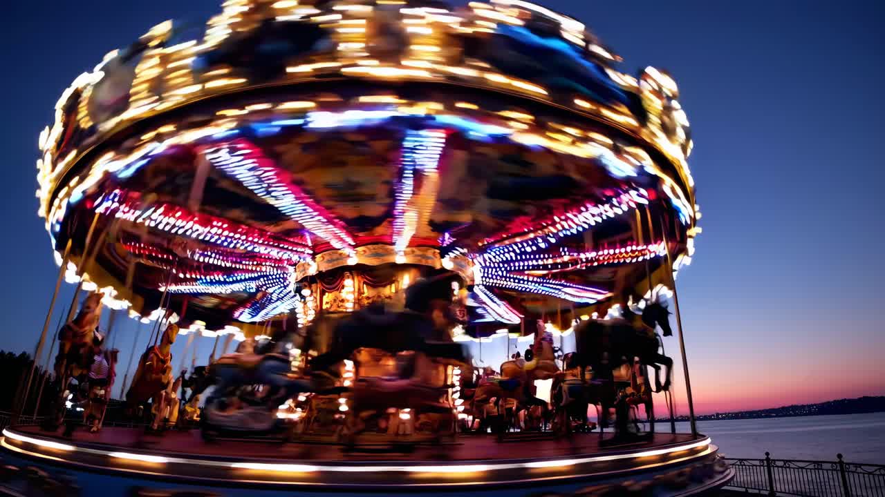 A dynamic, low-angle shot of a brightly lit carousel spinning at dusk, capturing a sense of motion