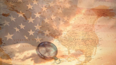 Animation-of-vintage-map-over-united-states-of-america-flag