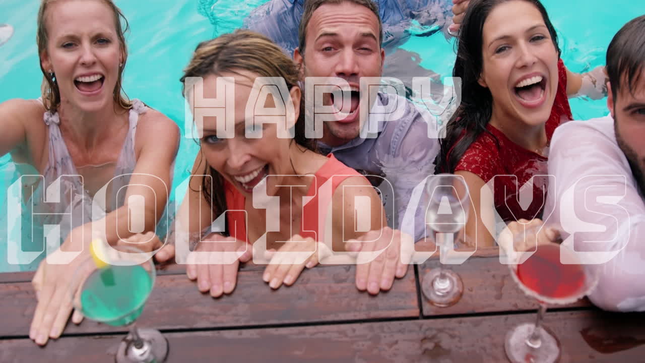 수영장에서 행복한 백인 친구들에 대한 행복한 휴일 문자 애니메이션