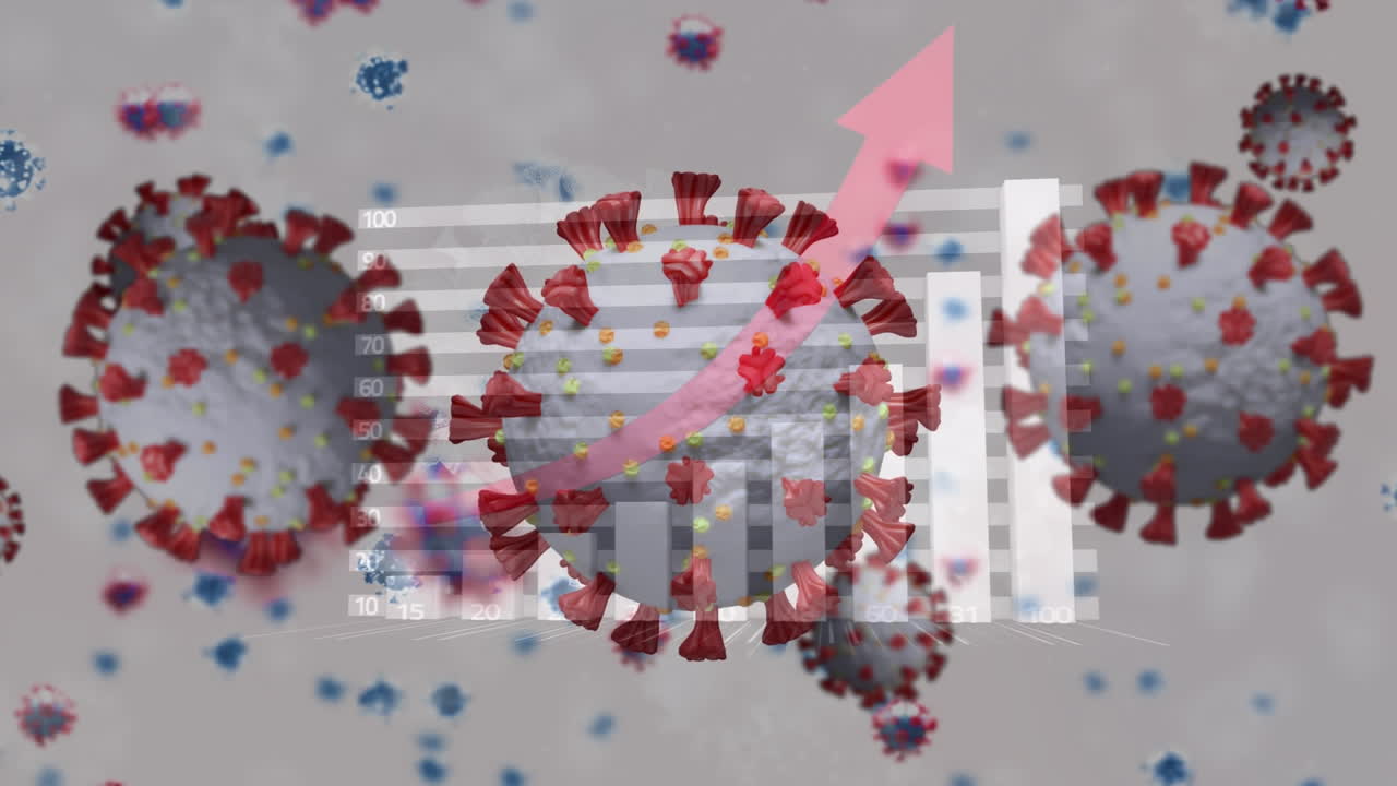 animación de las células de covid 19 sobre estadísticas y procesamiento de datos