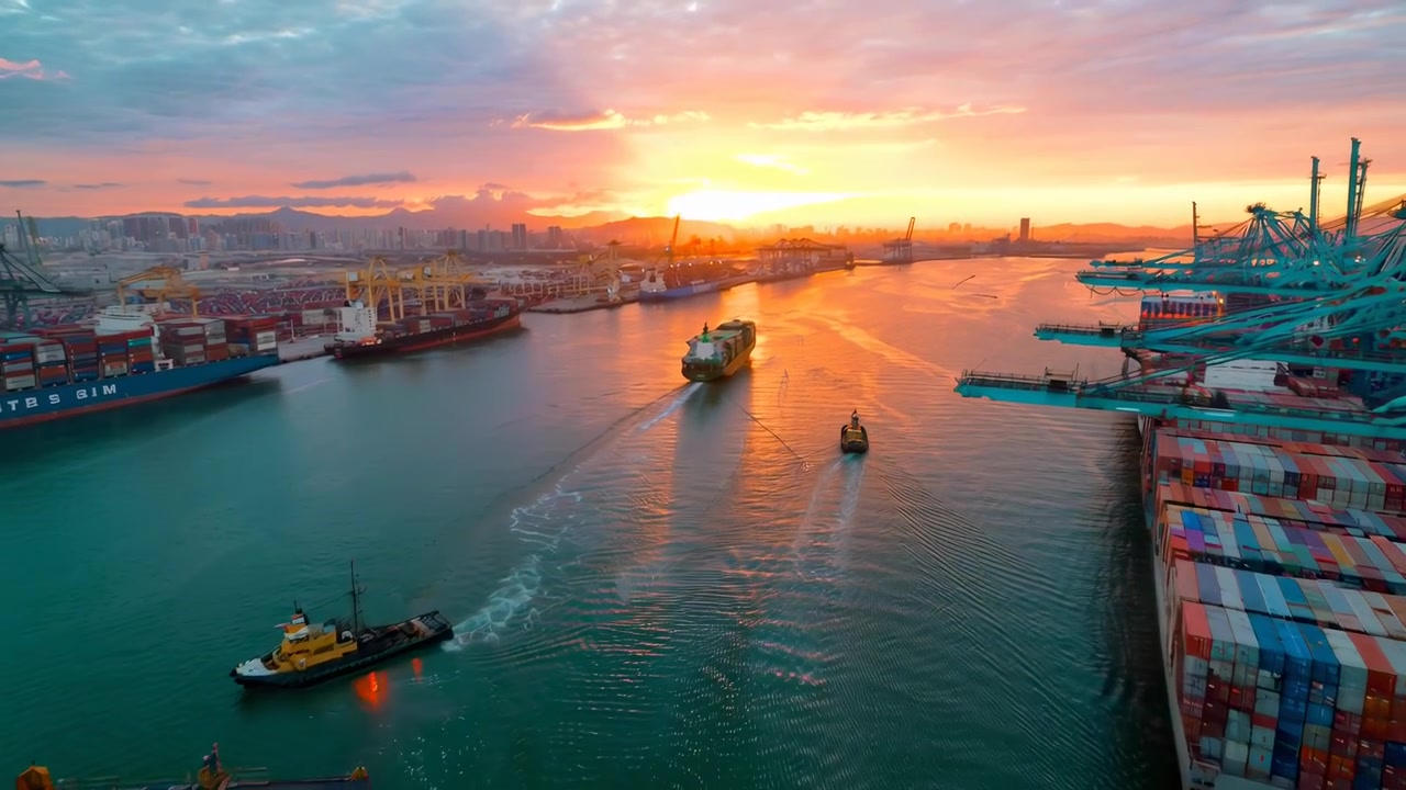 Aerial View of Busy Container Port with Ships and Cranes at Sunset