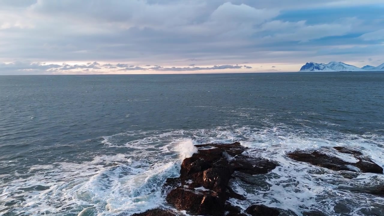 Vinterhavbølger der rammer sneklædt klippekyst på Island.