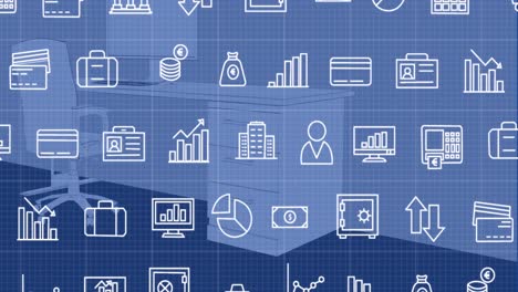 animation of multiple digital icons over grid network against office desk