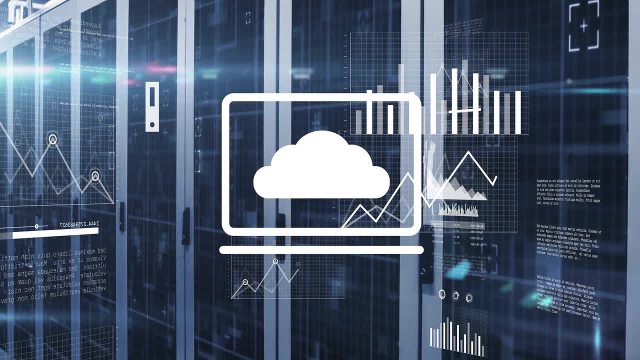 Cloud icon appearing in laptop starting growing charts sliding over servers for data visualization