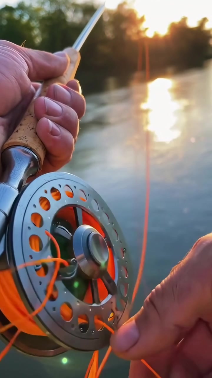 Fly Fisherman Winding Fishing Line onto Reel at Sunset
