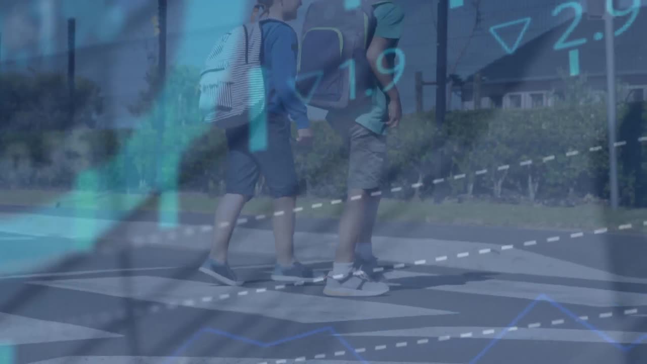 animación del procesamiento de datos del mercado de valores contra dos escolares diversos que cruzan la calle.