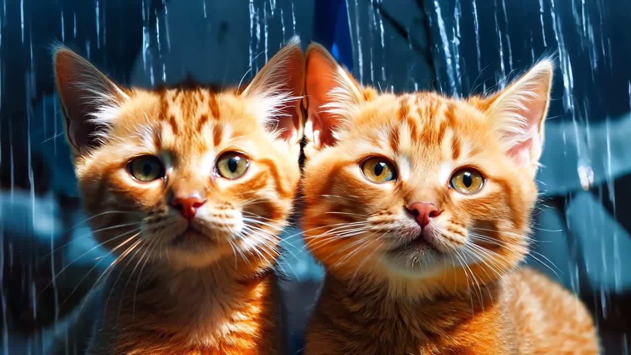 Due gattini seduti sotto la pioggia che guardano la macchina fotografica.