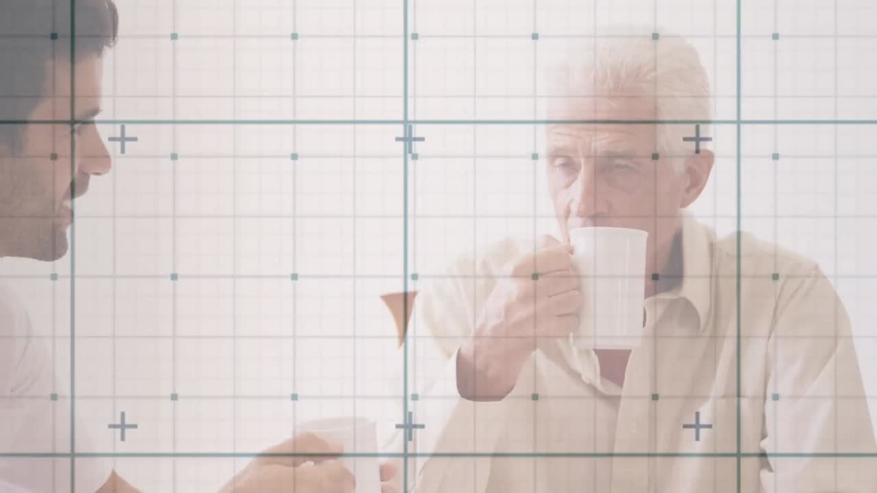 animación del procesamiento de datos sobre un médico caucásico y un paciente anciano con una charla de té
