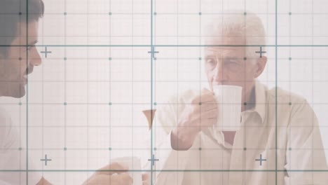 Animation-of-data-processing-over-caucasian-male-doctor-and-senior-patient-with-tea-talking