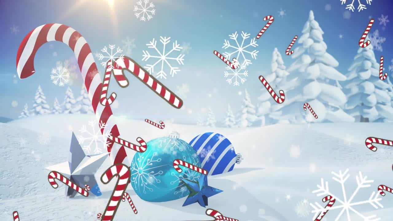 animación de nieve cayendo caramelos sobre decoraciones de navidad y paisajes de invierno