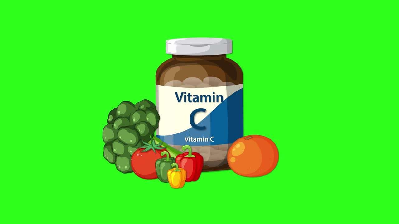 Vitamin C supplement bottle with assorted fruits, smooth transitions, bright green background, flat vector style
