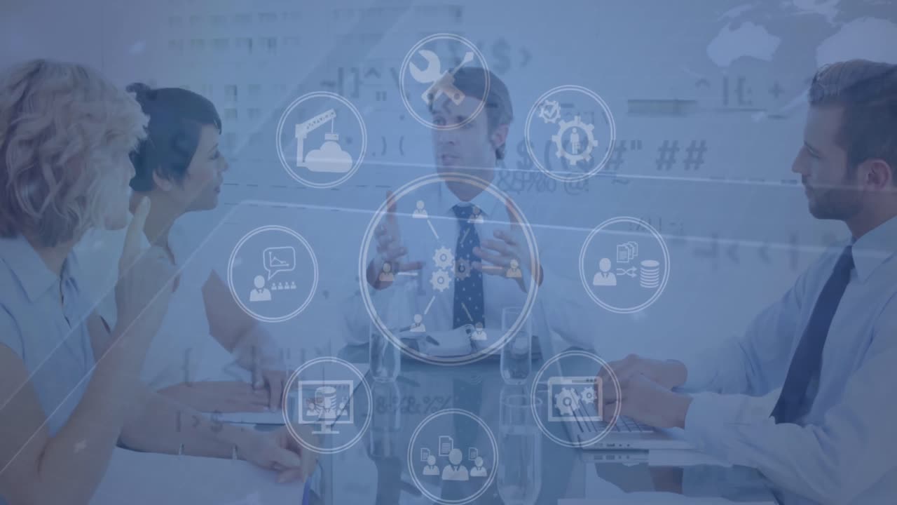 animación de la interfaz infográfica sobre compañeros de trabajo caucásicos discutiendo en una reunión en la sala de juntas