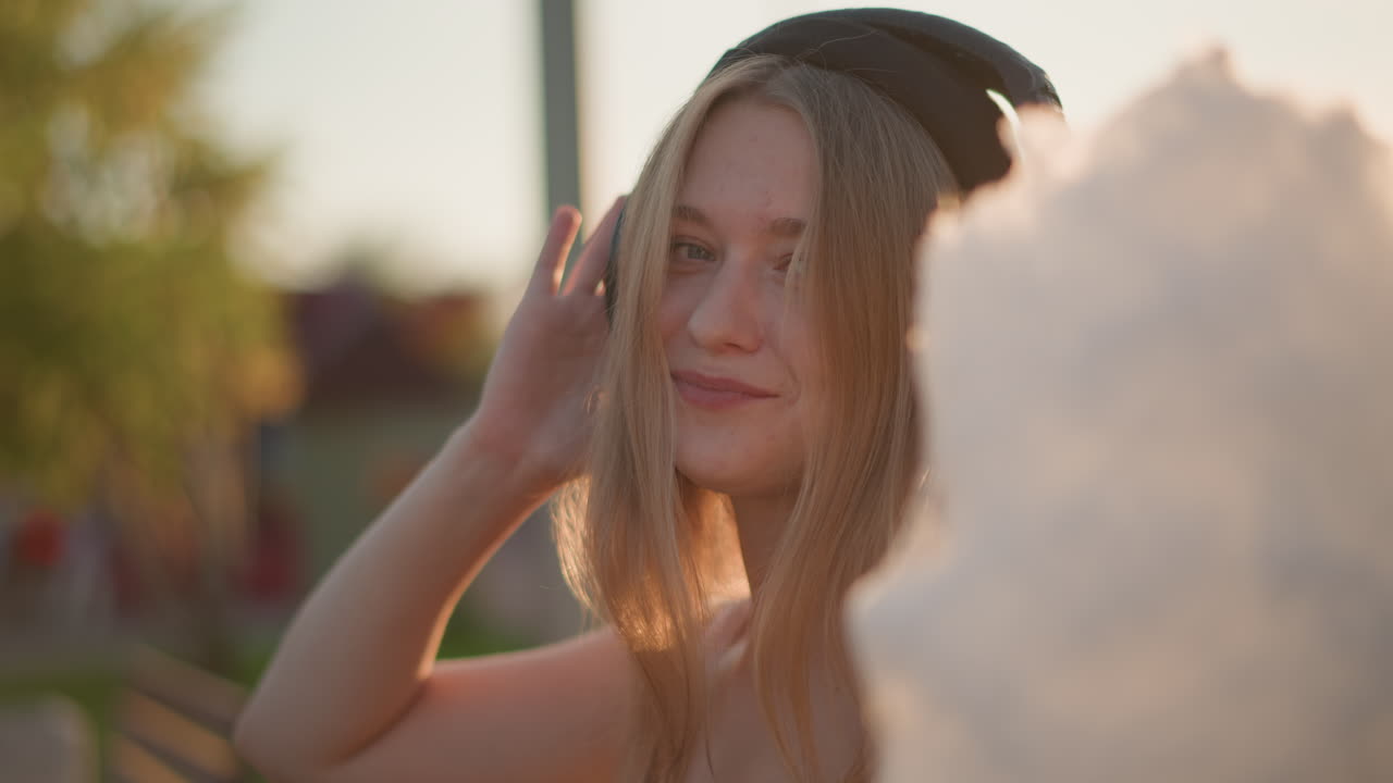 tramonto, fiera, adolescente con cuffie che ascolta musica, sorriso dolce e occhi chiusi, calda luceEdge sui capelli, brezza leggera, luci tenui da luna park, inquadrature rilassate del ritratto, silhouette di zucchero filato, nostalgico