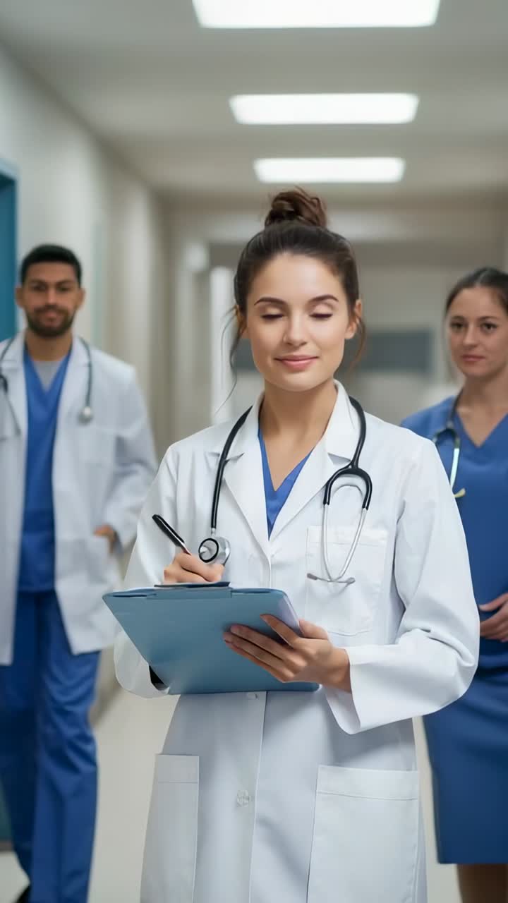 Vertical video: Noting patient data doctor holding chart in hospital corridor, colleagues flanking