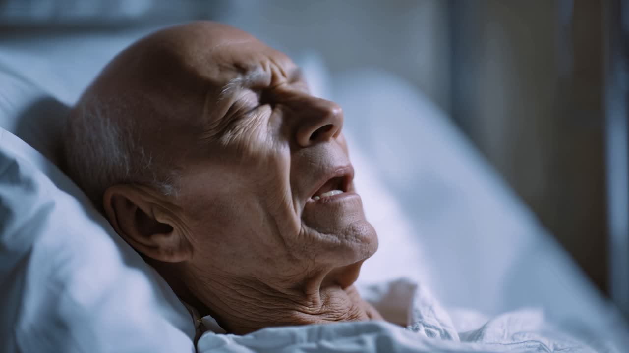Un uomo anziano riposa in un letto d'ospedale, con gli occhi aperti. L'illuminazione soffusa evidenzia la sua espressione calma e stanca. Guarda verso l'alto, apparendo sereno o contemplativo. Adatto per storie sull'invecchiamento, la solitudine.
