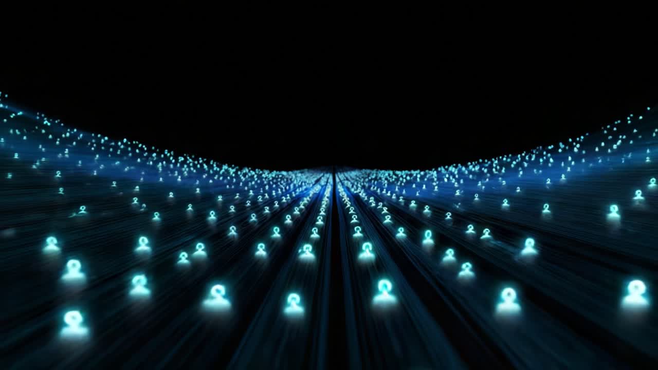 A mesmerizing visual representation of a digital landscape populated with glowing silhouettes, illustrating the concept of interconnectedness within a vast virtual space, brimming with dynamic energy and technology