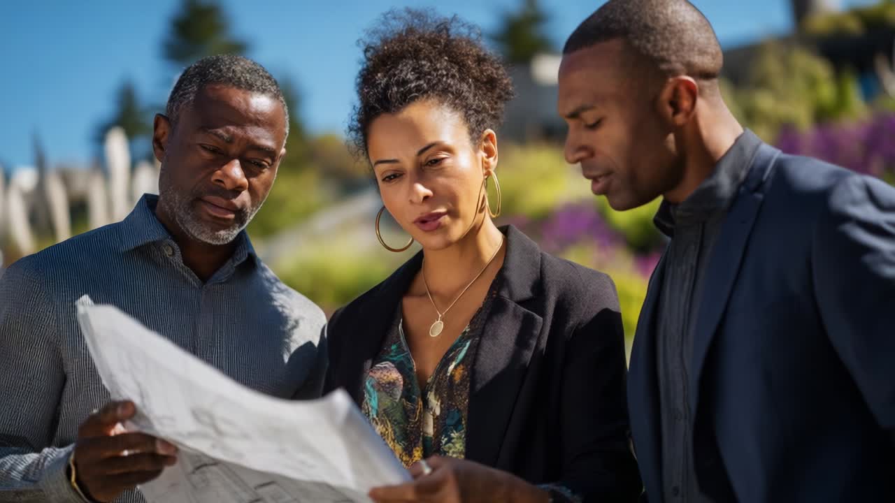 A group of three individuals gathered outdoors, deeply engaged in reviewing a detailed blueprint while surrounded by vibrant flowers under a clear blue sky, showcasing teamwork and collaboration