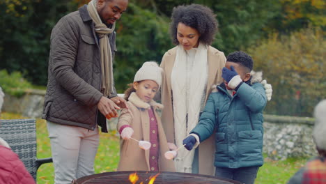 multi-generation family toasting marshmallows standing around firepit or barbeque in garden at home - shot in slow motion