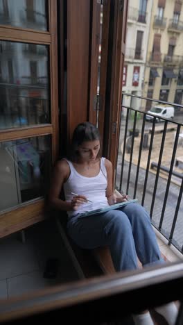 woman drawing on digital tablet by window