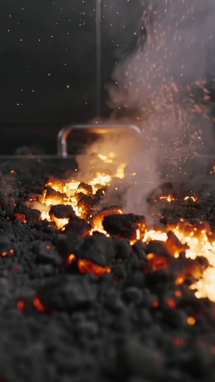 Vertical video: Camera racking, showing coal bed sending sparks and smoke from heat in forge rail