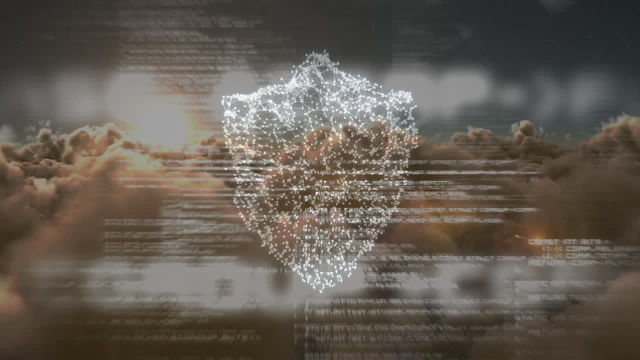 animación del procesamiento de datos digitales y código qr sobre cielo nublado