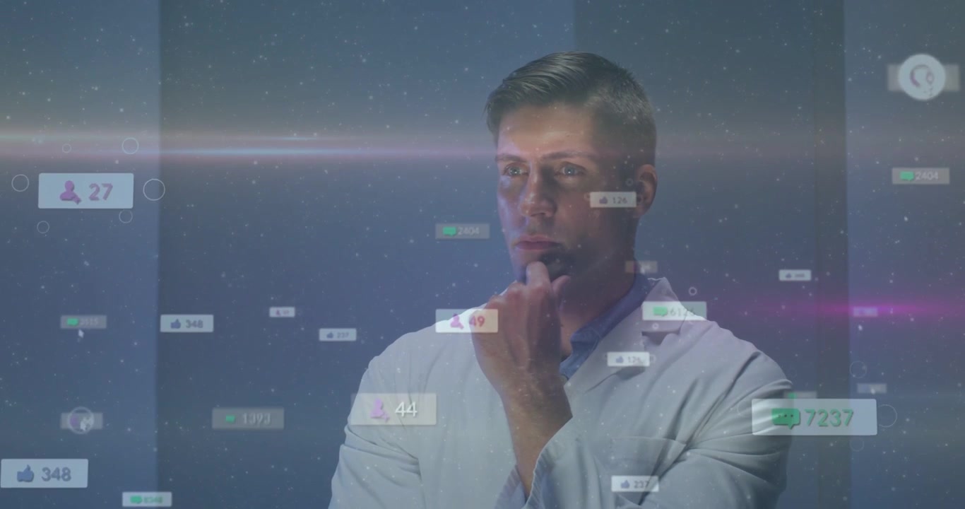 Medico che alza la mano sinistra e scorre badge di dati fluttuanti, con densità in aumento, analizzando dati clinici