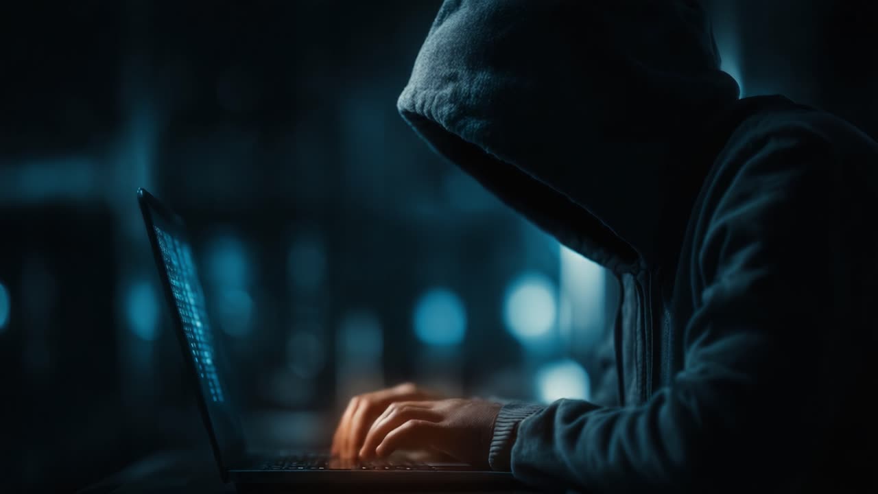 Una figura misteriosa avvolta nell'ombra manipola un laptop in un ambiente scarsamente illuminato, raffigurando l'essenza dell'intrigo digitale e della cybersecurity.
