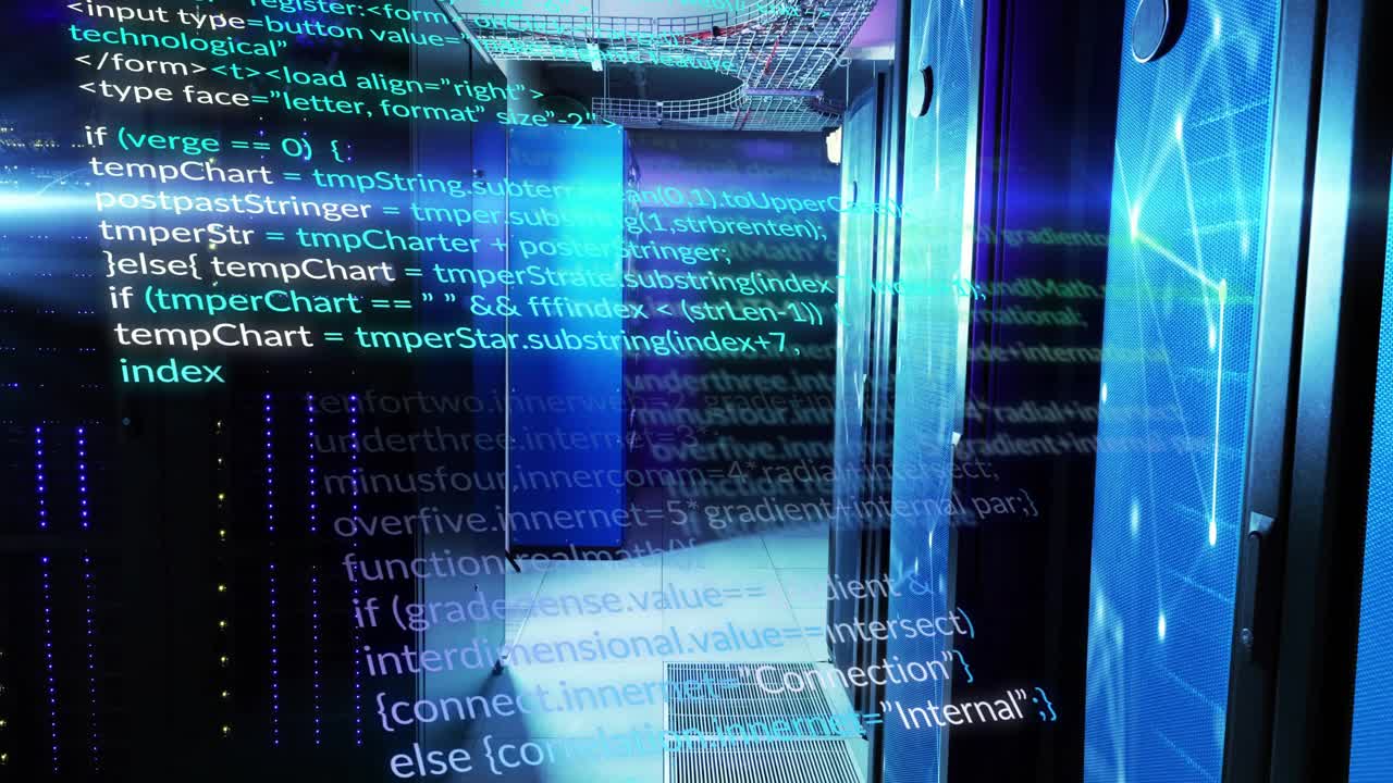 upon server corridor reveal, code scrolling showing activity then slowing and revealing functions