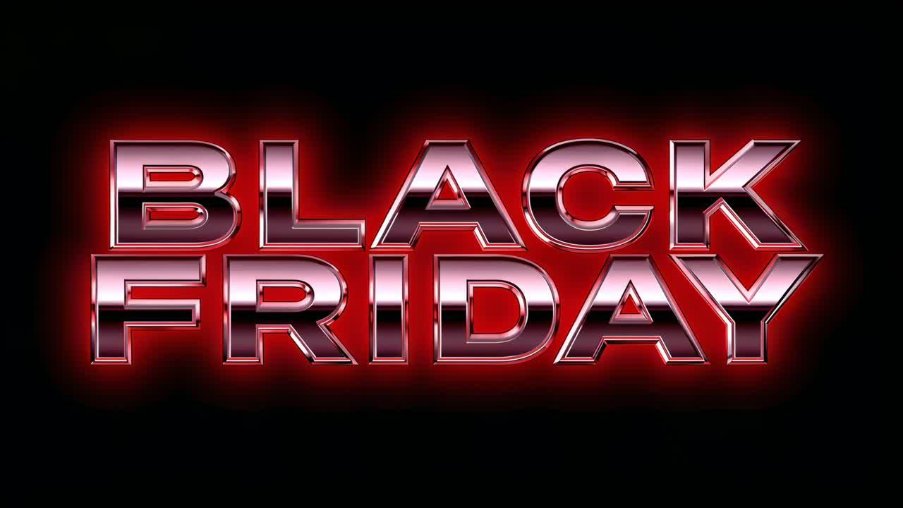 Starting animation, zooming chrome Black Friday logo closer on screen, red halo glowing for promo