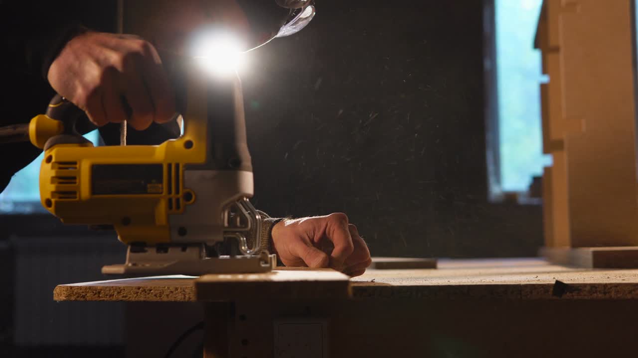 hombre práctico que corta tablero de madera