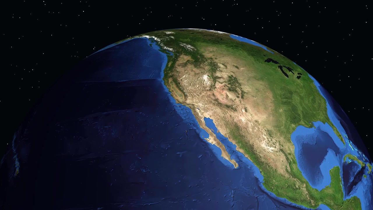 3D-jordklotet roterar och zoomar in på Nordamerika, pekar ut Los Angeles med koordinater
