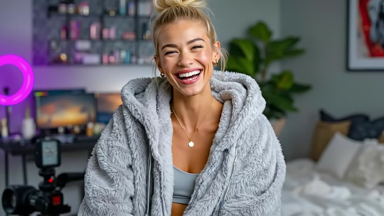 A woman in a gray fur coat smiles while sitting on a bed