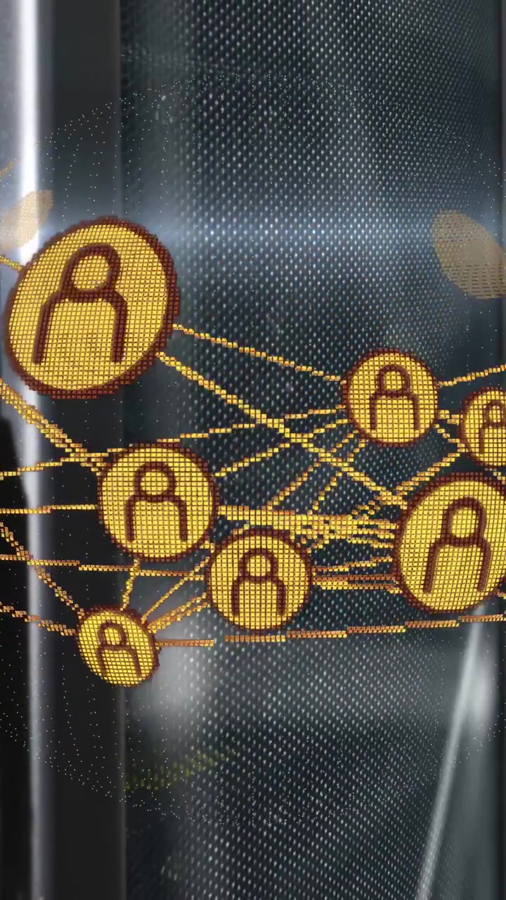 Vertical video: View shift sending gold nodes across curved panel, revealing lines and tech links