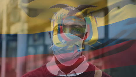 animation of flag of ecuador waving over man wearing face mask during covid 19 pandemic