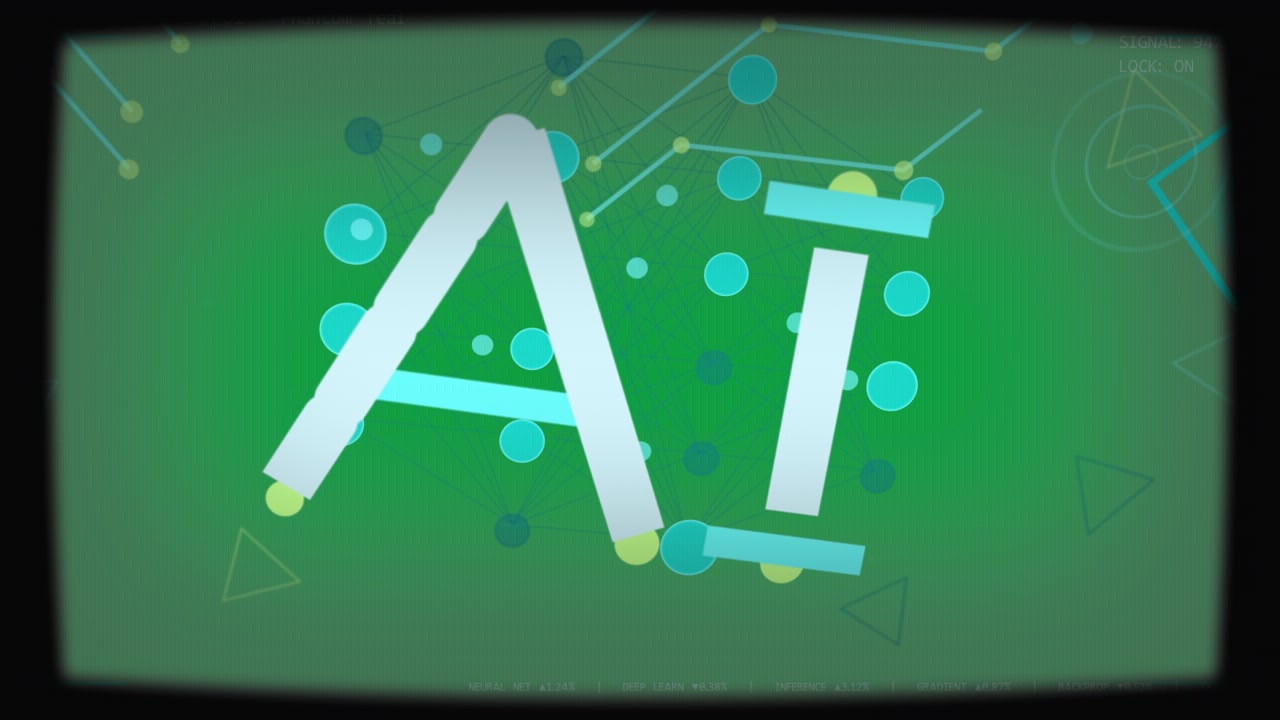 AI mark forming on transparent canvas, right particles firing circuits, nodes organizing into logo