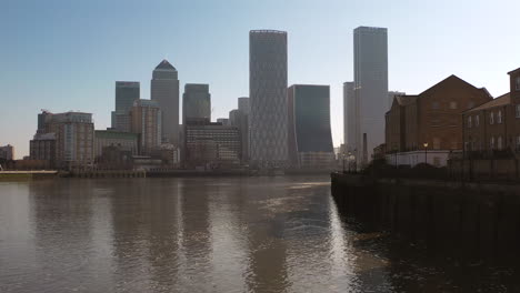 Aerial-View-Shot-of-London-UK,-Canary-Wharf,-Business-District,-East-London,-United-Kingdom