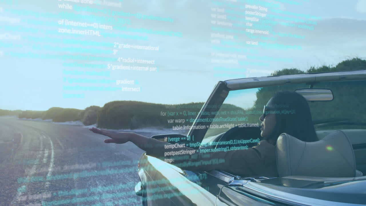 경치 좋은 도로에서 컨버터블을 운전하고, 풍경에 대한 애니메이션을 코딩합니다.