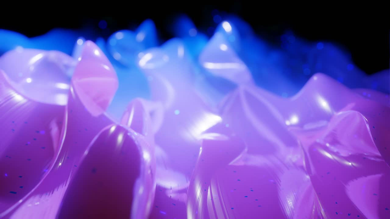 Abstract 3D surface with beautiful waves, luminous sparkles and bright color gradient blue purple. Waves run on very shiny, glossy surface with glow glitter. 4k looped animation